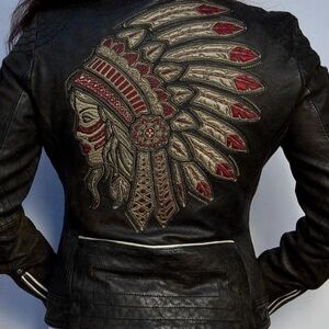Affliction Black Leather Jacket with Red & Cream Embroidered Headdress